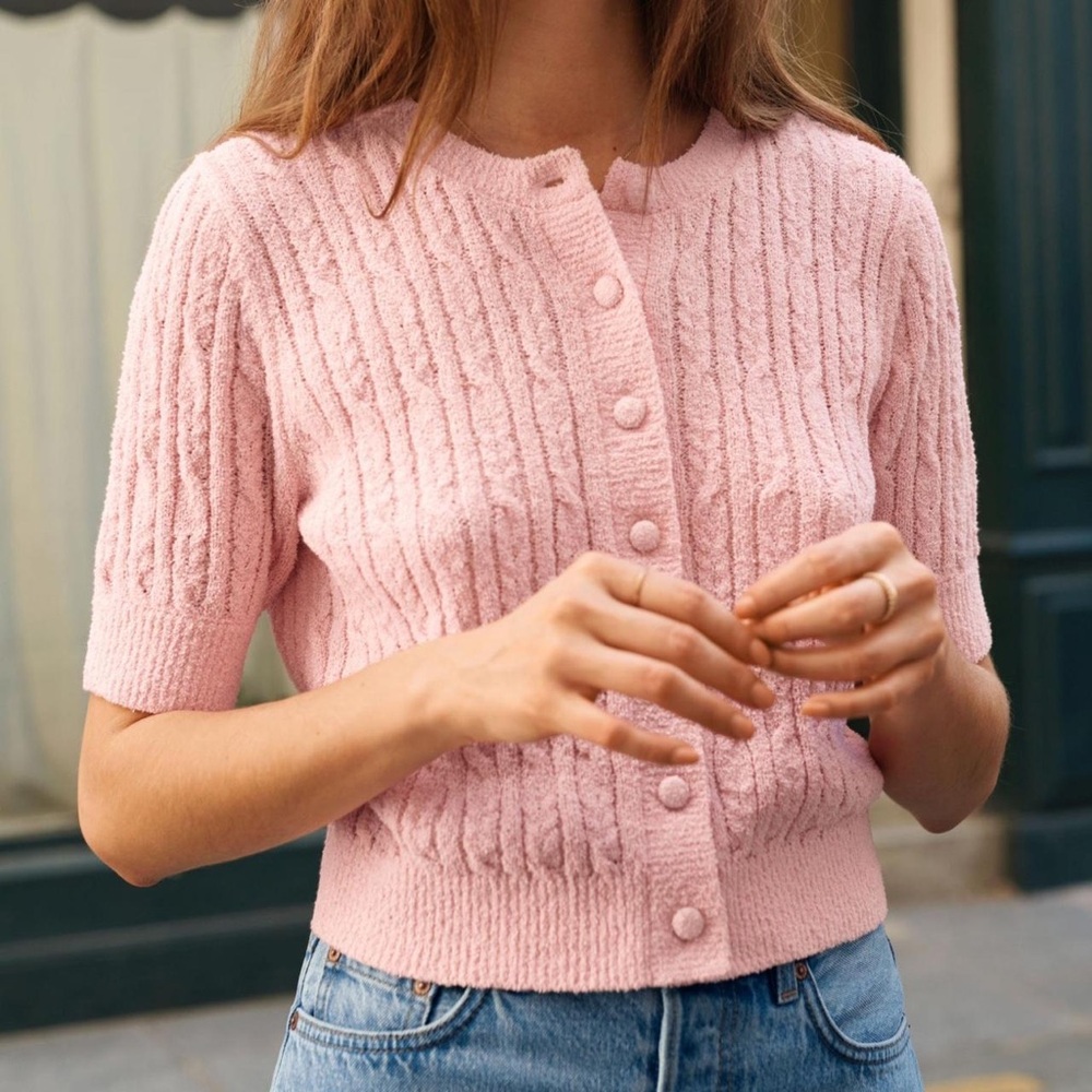 *** SOLD *** Other Stories Pink Cropped Cable Knit Cardigan - Picture 4 of 8